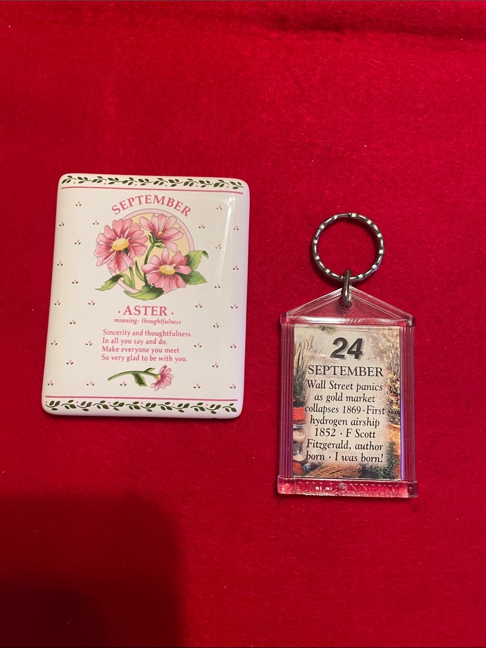 Vintage Millennium September 24 Birthdate Keychain & Sept. Aster Fridge Magnet